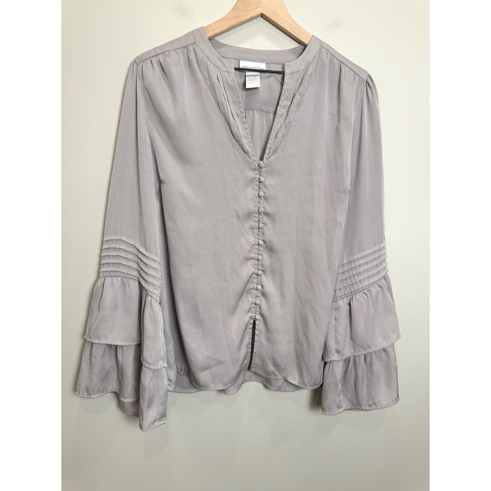 Soft Surroundings Silky Long Bell Sleeve Victorian Button Up Blouse Shirt Gray L